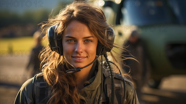 Female military helicopter pilot standing near her aircraft