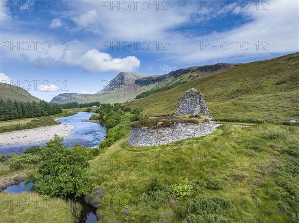 Aerial view of Dun Dornaigil Broch near Alltnacaillich in the Scottish Highlands