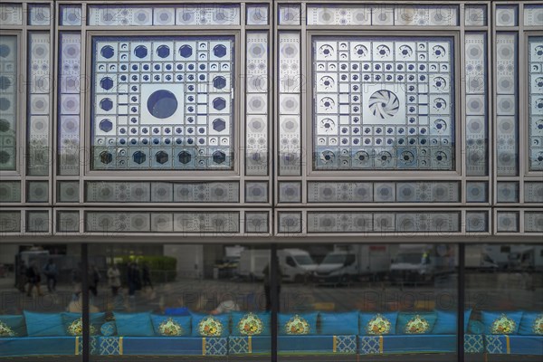 Decorative glass facade and lounge of the Arab World Institute