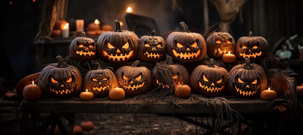 Spooky and fun collection of dozens of halloween carved pumpkins outside on hallows eve