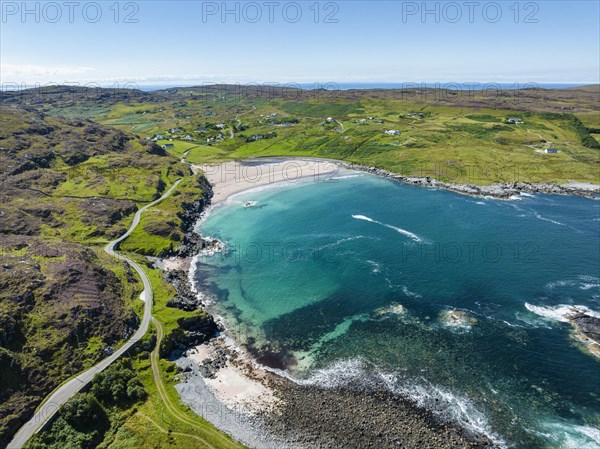 Aerial view of Clashnessie Bay and the single track road and scenic route B869