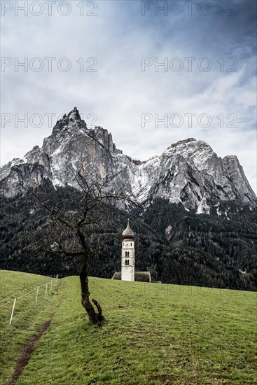 Snow-covered mountains and church