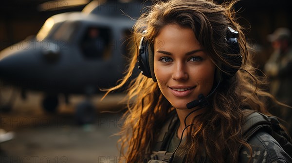 Female military helicopter pilot standing near her aircraft