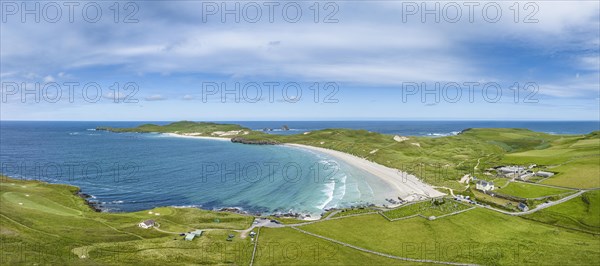 Aerial panorama of Balnakeil Bay with sandy beach and dunes