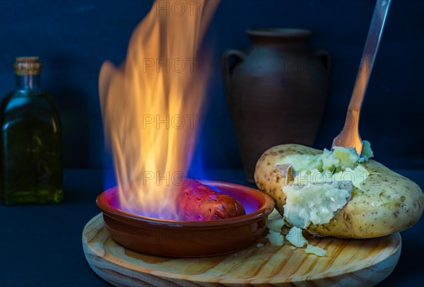 Boiled potato opened with a fork and chorizo in flames