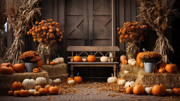 Fall and autumn beautifully decorated barn sitting area with pumpkins