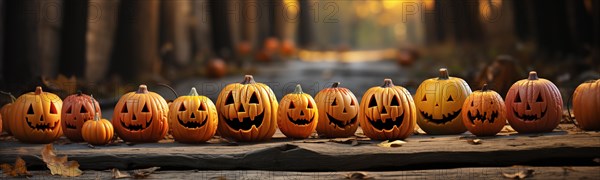 Spooky and fun collection of dozens of halloween carved pumpkins outside on hallows eve