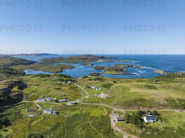 Aerial view of the village and scattered settlement of Drumbeg and Eddrachillis Bay on the Atlantic coast