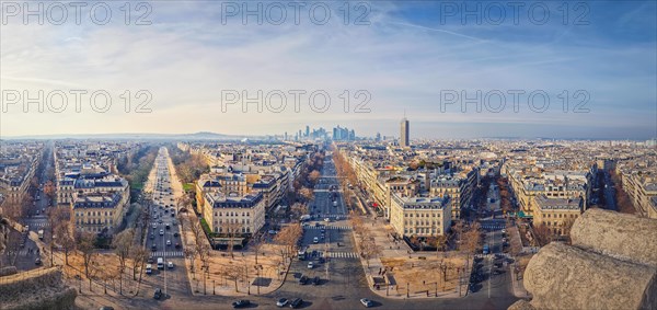 Wide angle Paris cityscape with view to La Defense metropolitan district