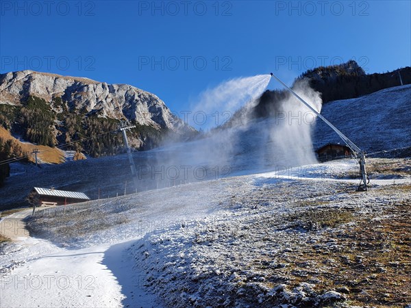 Artificial snow machines in operation in late autumn at the Jenner middle station in the Berchtesgaden National Park