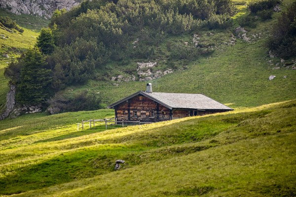 Alpine hut on the plateau of the horse-rider Alm in the Berchtesgaden National Park on the border between Bavaria and Austria