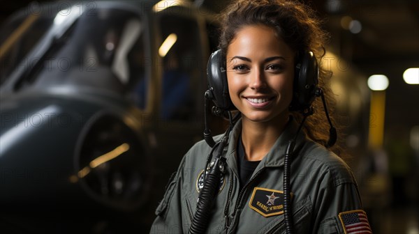 Female african american military helicopter pilot standing near her aircraft