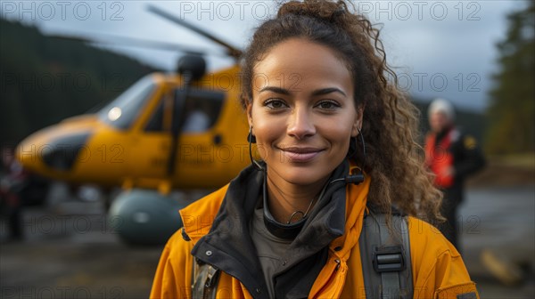 Female african american search and rescue helicopter pilot standing near her aircraft