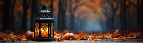 Warm and inviting lit vintage lantern resting on wood planks base outdoors in a fall setting