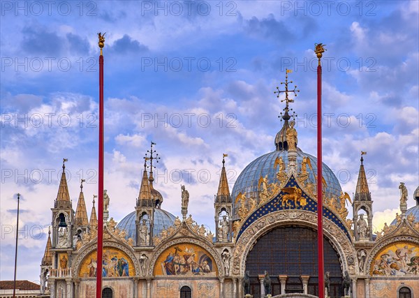 Close-up view of frontal or main facade of St Mark's or San Marco cathedral in Venice. Italy. UNESCO World Heritage city