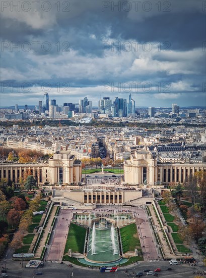 Sightseeing aerial view of the Trocadero area and La Defense metropolitan district at the horizon in Paris