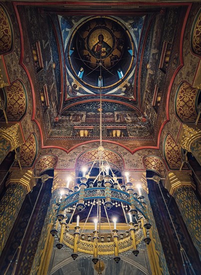 Interior architectural details of the Curtea de Arges monastery. The hall with tall columns