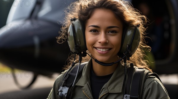 Female african american military helicopter pilot standing near her aircraft