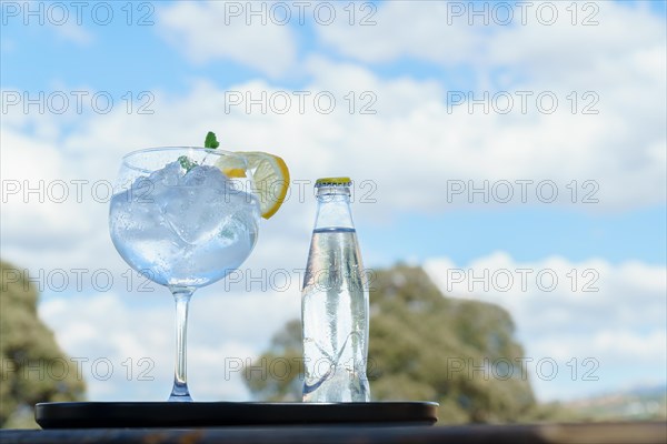 Bottle of tonic with a glass with ice on a black tray and landscape with trees and clouds in the sky out of focus in the background