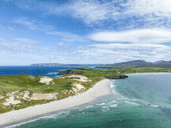 Aerial view of Faraid Head Peninsula and Balnakeil Beach with dunes and sandy beach