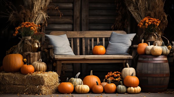 Fall and autumn beautifully decorated barn sitting area with pumpkins