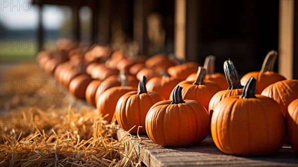 Dozens of orange fall and halloween pumpkins and hay decorating the country barn scene