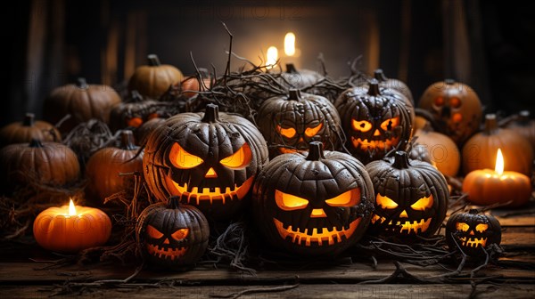 Spooky and fun collection of dozens of halloween carved pumpkins outside on hallows eve