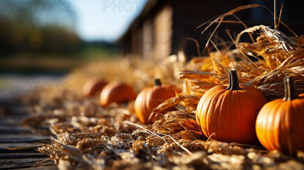 Dozens of orange fall and halloween pumpkins and hay decorating the country barn scene