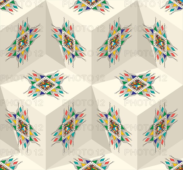 Decorative geometric repeating pattern inspired by Al-Qatt Al-Asiri traditional paintings