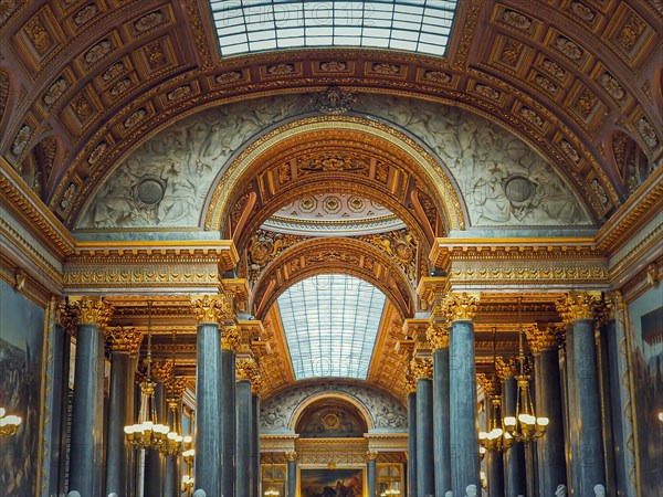 Beautiful architectural details of the Gallery of Great Battles in the palace of Versailles