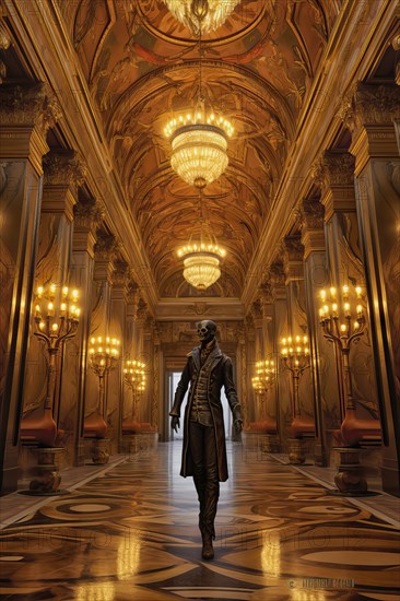 The Legendary Phantom of the Opera walking in the great gallery of the Paris Opera