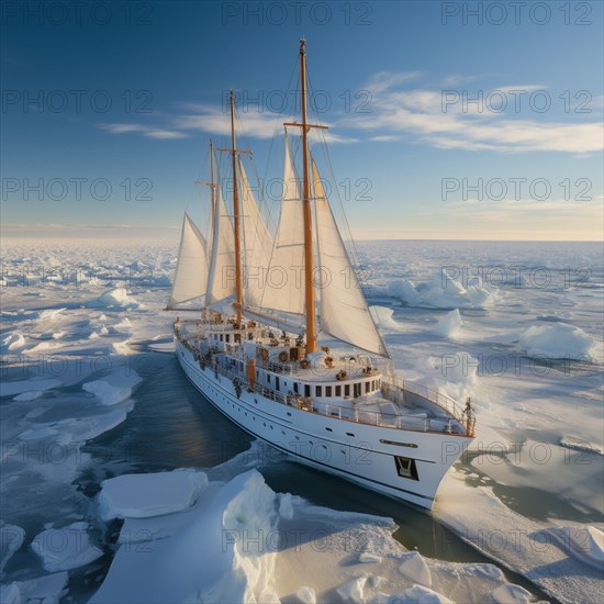 Aerial view modern multi-masted cruise sailing ship