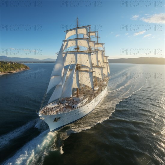 Aerial view modern multi-masted cruise sailing ship