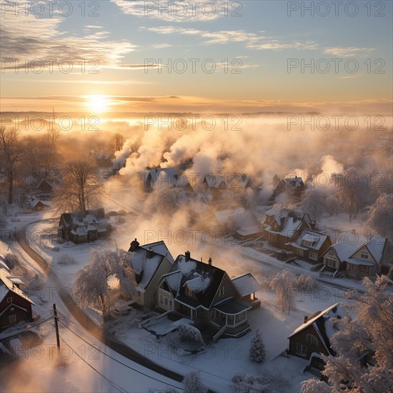 Aerial view of small settlement in winter with smoking chimneys