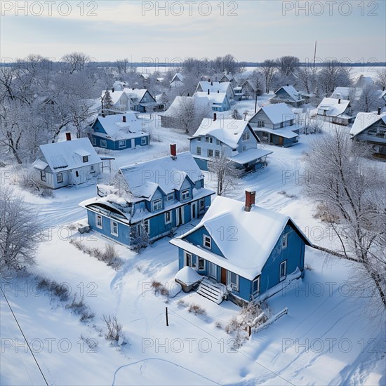 Aerial view of small settlement in winter with smoking chimneys