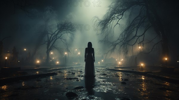 Ghostly female figure silhouette standing or walking amidst the spooky halloween fog outside