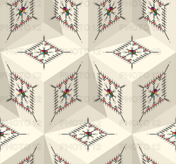 Decorative geometric repeating pattern inspired by Al-Qatt Al-Asiri traditional paintings