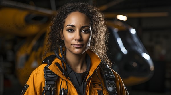 Female african american search and rescue helicopter pilot standing near her aircraft