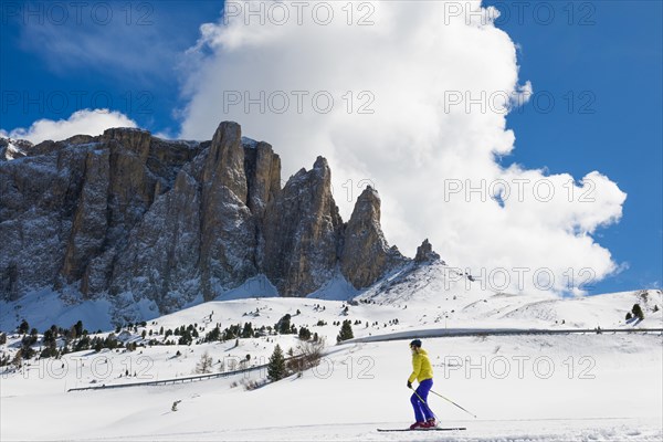 Snow-covered mountains and skiers