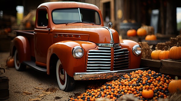 Pumpkins surround a vintage truck in a fall barn country setting