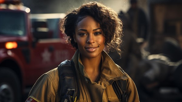 Female african american firefighter at a fire incident