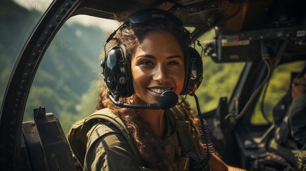 Female african american military helicopter pilot in the cockpit