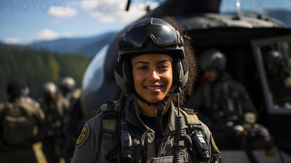 Female african american military helicopter pilot standing near her aircraft