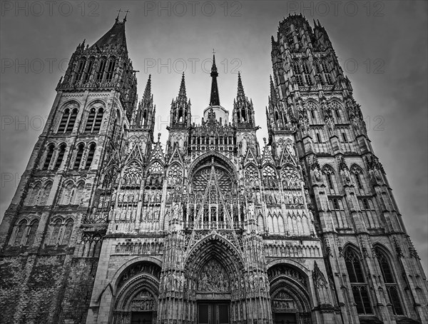 Outdoor facade view of Notre Dame de Rouen Cathedral in the Normandy