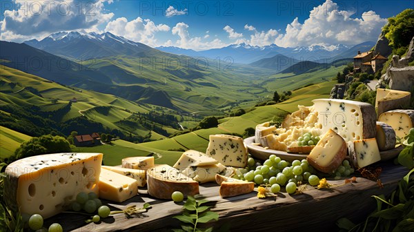 A selection of different cheeses lying on a wooden beam