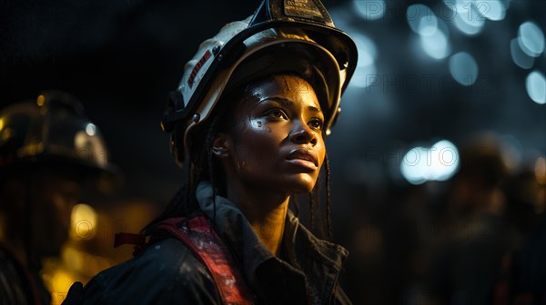 Female african american firefighter wearing protective helmet and gear at a fire incident