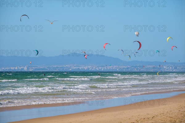 Kiteboarding kitesurfing kiteboarder kitesurfer kites on the Atlantic ocean beach at Fonte da Telha beach