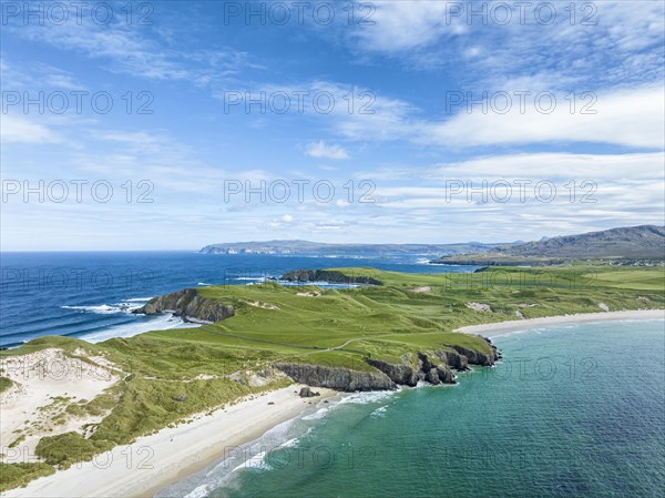 Aerial view of Faraid Head Peninsula and Balnakeil Beach with dunes and sandy beach