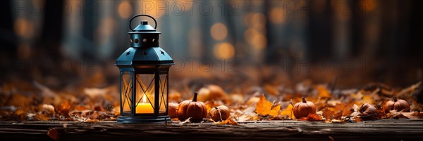 Warm and inviting lit vintage lantern resting on wood planks base outdoors in a fall setting