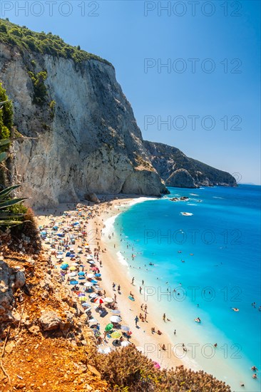 Panoramic view from above of Porto Katsiki beach on Lefkada island in summer